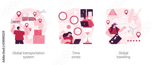 International business coordination abstract concept vector illustration set. Global transportation system, time zone, global travelling, worldwide logistics, travel agency, jet lag abstract metaphor.