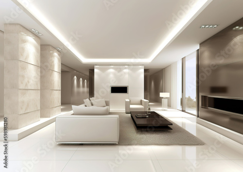 The futuristic modern living room in a sci-fi design. Decorated with stylish appliances and decor appropriate to the age. Very cozy living room equipped with everything that serves home comfort. AI 