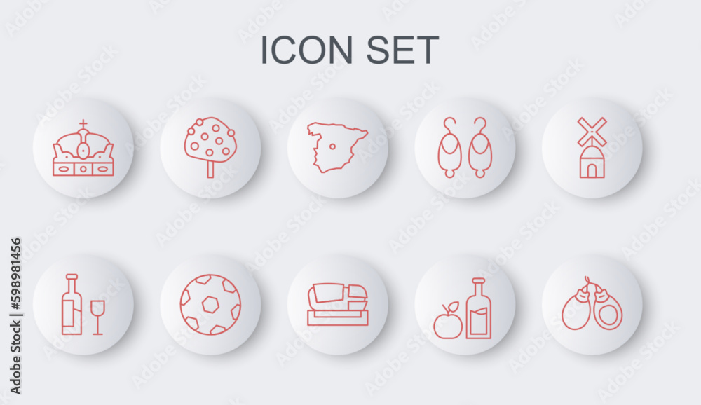 Set line Wine bottle with glass, Map of Spain, Apple cider, Crown spain, Orange tree