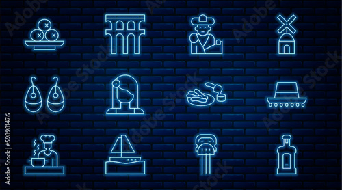 Set line Orujo, Spanish hat, Bullfight, matador, woman, Earrings, Olives on plate, Churros and chocolate and Aqueduct of Segovia icon. Vector