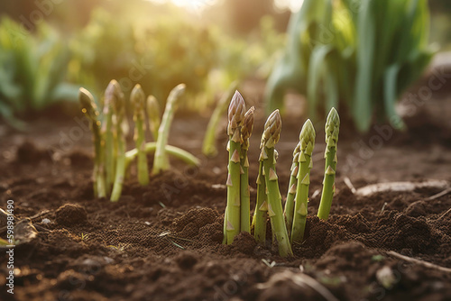 Young green asparagus growing up from the ground in the garden, Generative ai