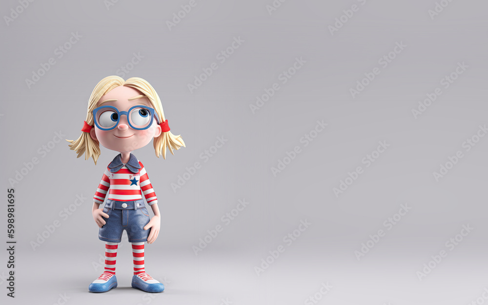 Cute Cartoon American Blonde Girl Dressed in Red , White and Blue (Generative AI) Cute Cartoon American Blonde Girl Dressed in Red , White and Blue (Generative AI)