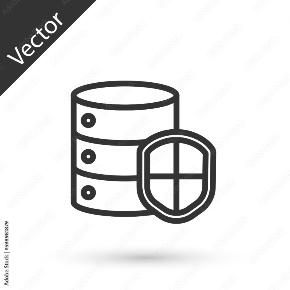 Grey line Server with shield icon isolated on white background. Protection against attacks. Network firewall, router, switch, data. Vector Illustration Grey line Server with shield icon isolated on white background. Protection against attacks. Network firewall, router, switch, data. Vector Illustration
