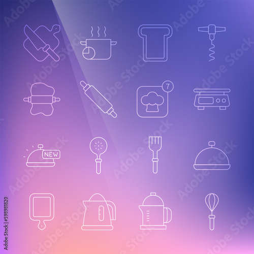 Set line Kitchen whisk  Covered with tray of food  Electronic scales  Bread toast  Rolling pin  dough  Cutting board and knife and Chef hat icon. Vector