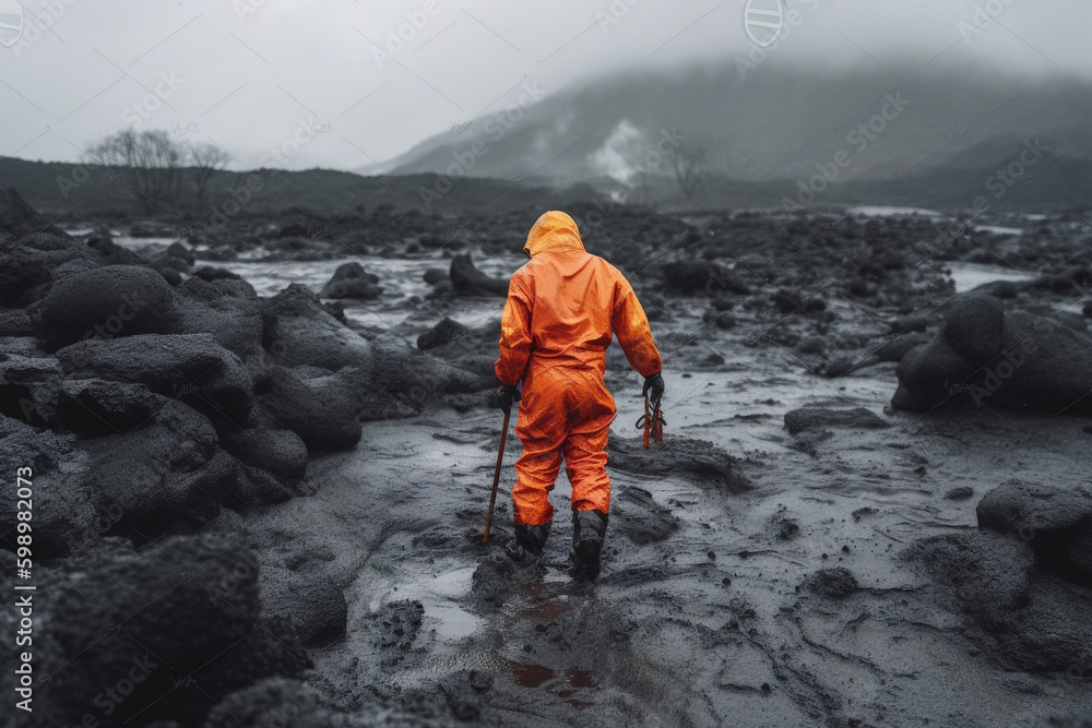 Volcano scientist is collecting a sample form lava Volcano scientist is collecting a sample form lava