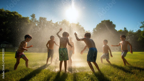 Summer Joy  Children Playing in a Sprinkler on a Lush Green Lawn  generative AI