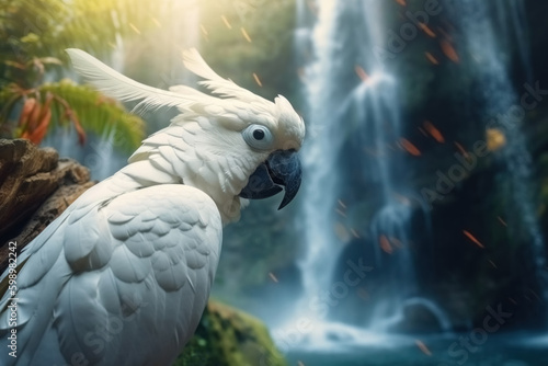 Generative AI illustration of white parrot sitting near picturesque waterfall photo