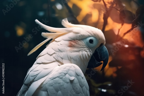 Generative AI illustration of graceful exotic parrot with white plumage and long beak against blurred foliage background in nature photo