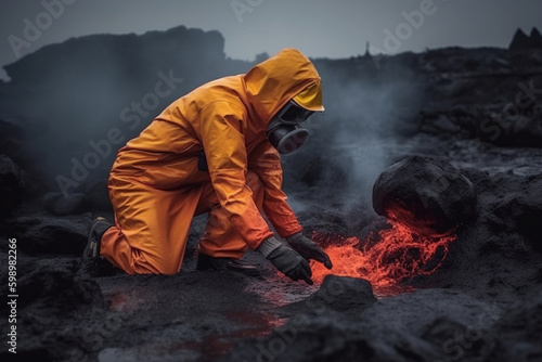 Volcano scientist is collecting a sample form lava