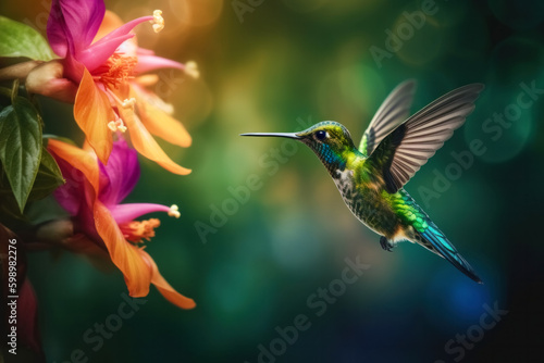 Generative AI illustration of small hummingbird with colorful plumage flying near colorful blooming flowers on blurred background photo