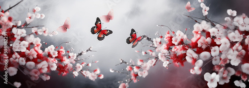Branches blossoming cherry on background blue sky, fluttering butterflies in spring on nature outdoors. Pink sakura flowers, gamazing colorful dreamy romantic artistic image spring nature, copy space.