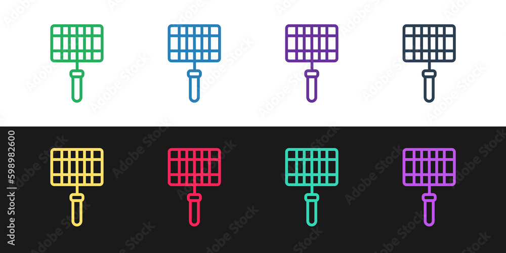 Set line Barbecue steel grid icon isolated on black and white background. Top view of BBQ grill. Wire rack for BBQ. Grilling basket. Vector