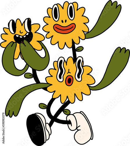 Yellow bouquet flower blossom illustration with happy smile on face in retro groovy style. Cute doodle hand drawn cartoon character