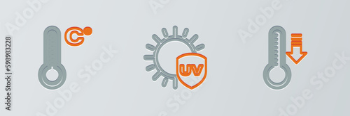 Set line Meteorology thermometer, and UV protection icon. Vector