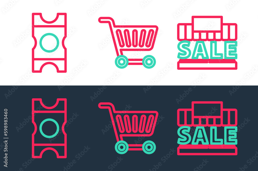 Set line Shopping building and sale, Coupon and cart icon. Vector