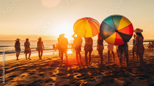 A Group of Friends Enjoying a Beach Party at Sunset, generative AI © Stockerl