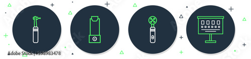 Set line Inhaler, Electric toothbrush, Tooth drill and Eye test chart icon. Vector