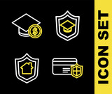 Set line Graduation cap with shield, Credit card, House and and coin icon. Vector