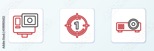 Set line Media projector, Action extreme camera and Old film movie countdown frame icon. Vector