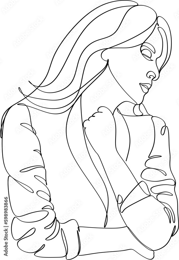 Woman abstract face, one line drawing. Hand drawn outline illustration. Continuous line. Portret female. Vector illustration