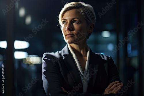 Generative AI illustration of confident adult female entrepreneur in elegant suit looking away while standing with folded arms against glass window in dark office room photo