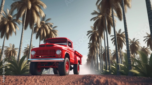 Red car pick up on jungle summer holidays, generative ai, palm summer vibes