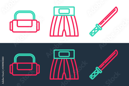 Set line Japanese katana, Sport bag and Boxing short icon. Vector