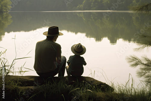 Generative AI illustration back view of father and son looking away while sitting together near green lake surrounded by lush trees photo