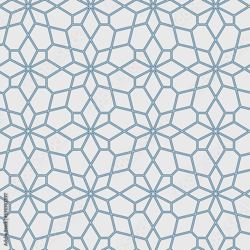 Seamless abstract floral pattern with a lattice of blue thin lines on a white background. Geometric star elements. Graphic textile texture. Vector illustration. 