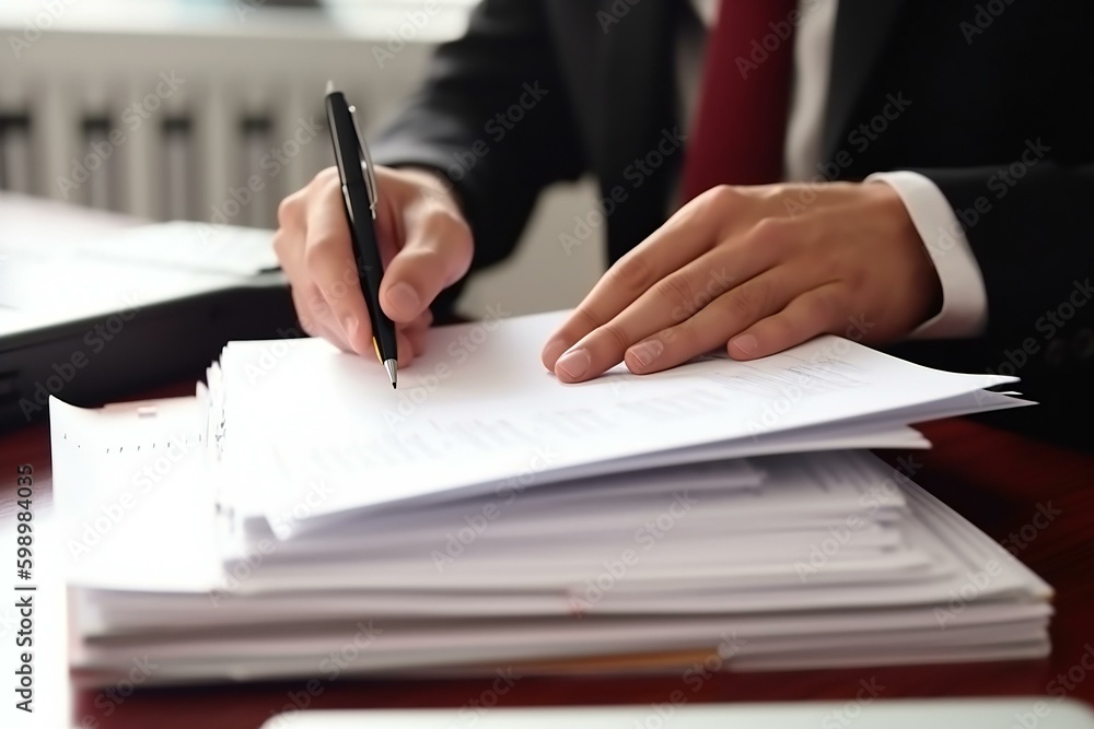 Office employee working with documents close-up view. Businessman signing a document or application. Generative AI Office employee working with documents close-up view. Businessman signing a document or application. Generative AI