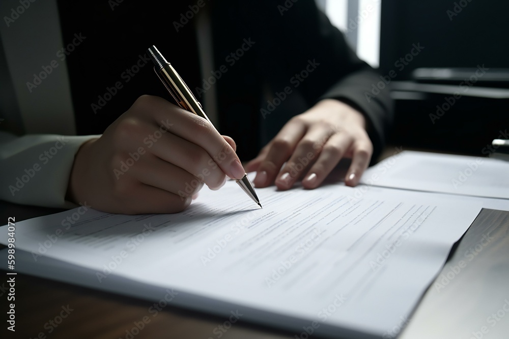Office employee working with documents close-up view. Businessman signing a document or application. Generative AI Office employee working with documents close-up view. Businessman signing a document or application. Generative AI