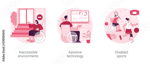 Disabled people in social environment abstract concept vector illustration set. Inaccessible environments, assistive technology, disabled sports, public place access, parasport abstract metaphor.