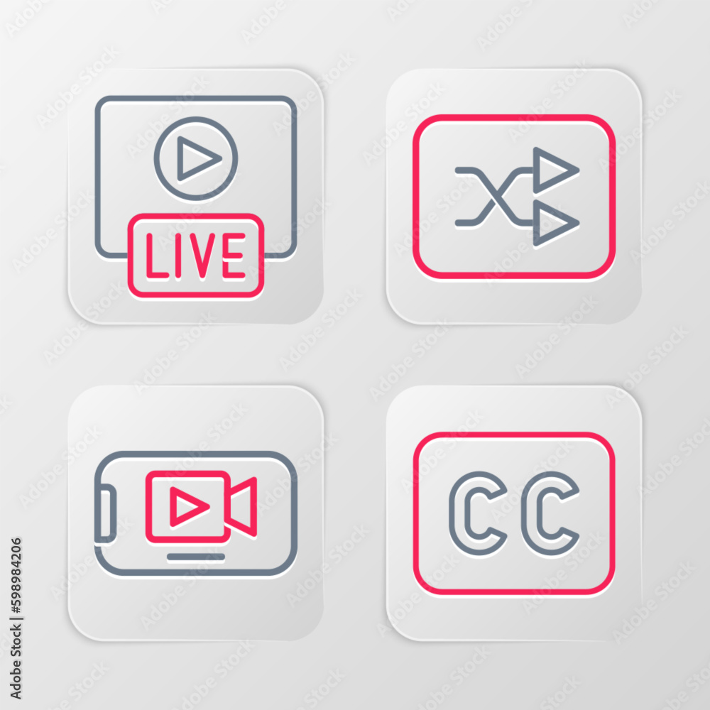Set line Subtitles, Online play video, Arrow shuffle and Live stream icon. Vector Set line Subtitles, Online play video, Arrow shuffle and Live stream icon. Vector