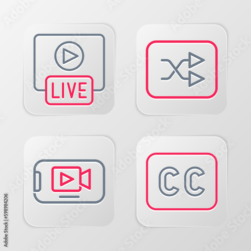 Set line Subtitles, Online play video, Arrow shuffle and Live stream icon. Vector