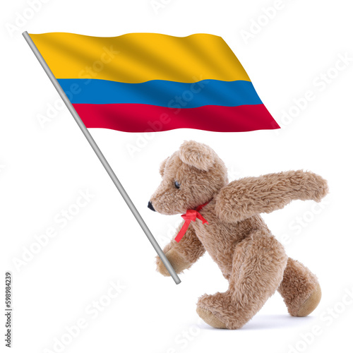 Colombia flag being carried by a cute teddy bear
