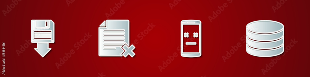 Set Floppy disk backup, Delete file document, Dead mobile and Database icon. Vector Set Floppy disk backup, Delete file document, Dead mobile and Database icon. Vector