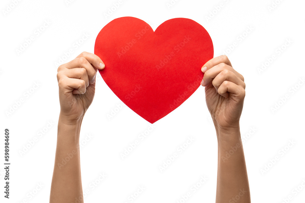 charity, love and health concept - close up of hand holding red paper heart over white background charity, love and health concept - close up of hand holding red paper heart over white background