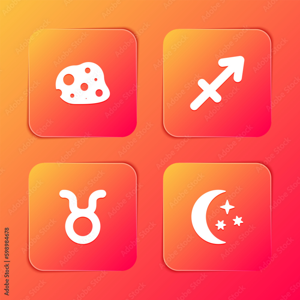 Set Asteroid, Sagittarius zodiac, Taurus and Moon and stars icon. Vector Set Asteroid, Sagittarius zodiac, Taurus and Moon and stars icon. Vector