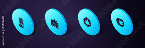 Set Isometric Herbal ecstasy tablets, Marijuana or cannabis leaf, Laptop and marijuana and Medical bottle with icon. Vector