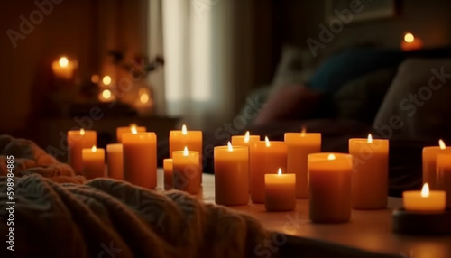 Glowing candle illuminates cozy winter living room generated by AI