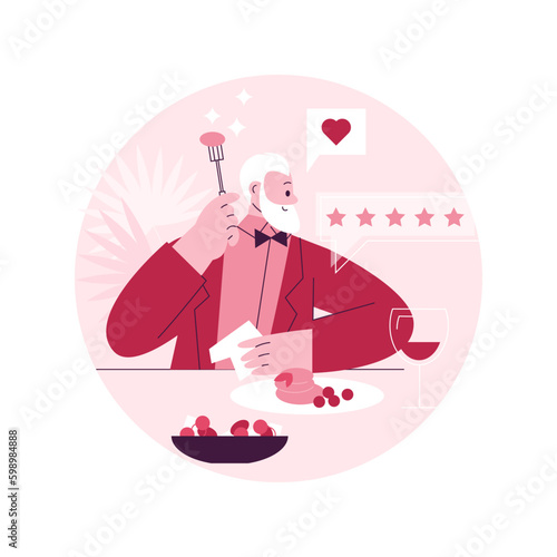 Food critic abstract concept vector illustration. Analyze food, restaurant chef, write review, rating, expert opinion, culinary show, undercover guest, travel guide abstract metaphor.