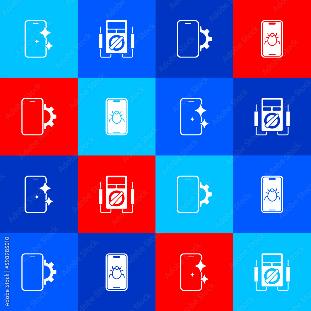 Set Glass screen protector, Multimeter, Phone repair service and System bug mobile icon. Vector Set Glass screen protector, Multimeter, Phone repair service and System bug mobile icon. Vector