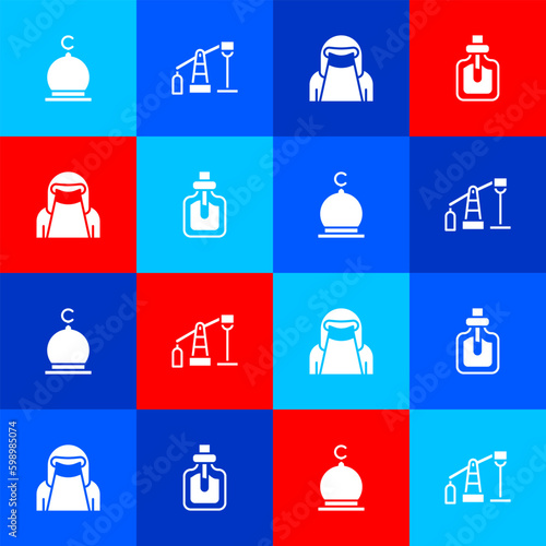 Set Muslim Mosque, Oil pump or pump jack, woman in niqab and Perfume icon. Vector