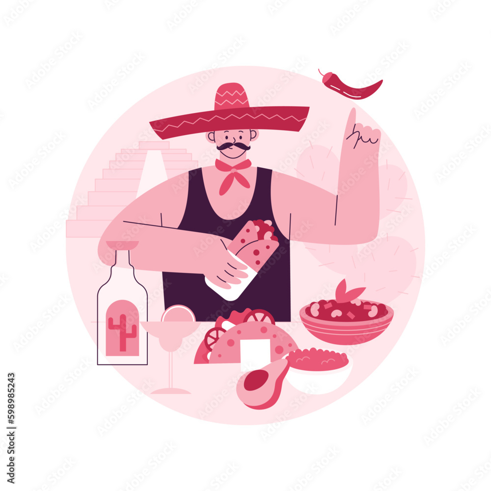 Mexican food abstract concept vector illustration. Latin american cuisine, mexican restaurant, burrito recipe, tex mex food, traditional cooking, spicy dish, ethnic dinner menu abstract metaphor. Mexican food abstract concept vector illustration. Latin american cuisine, mexican restaurant, burrito recipe, tex mex food, traditional cooking, spicy dish, ethnic dinner menu abstract metaphor.