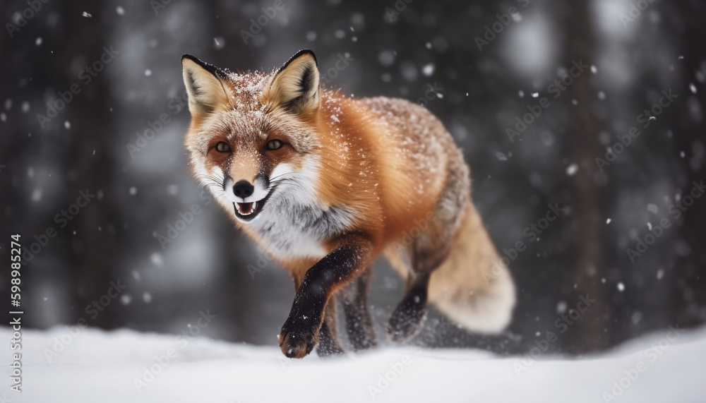 Red fox running in snow wet fur generated by AI