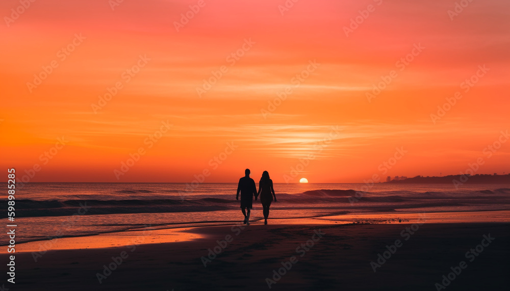 Two people in love walking on beach generated by AI