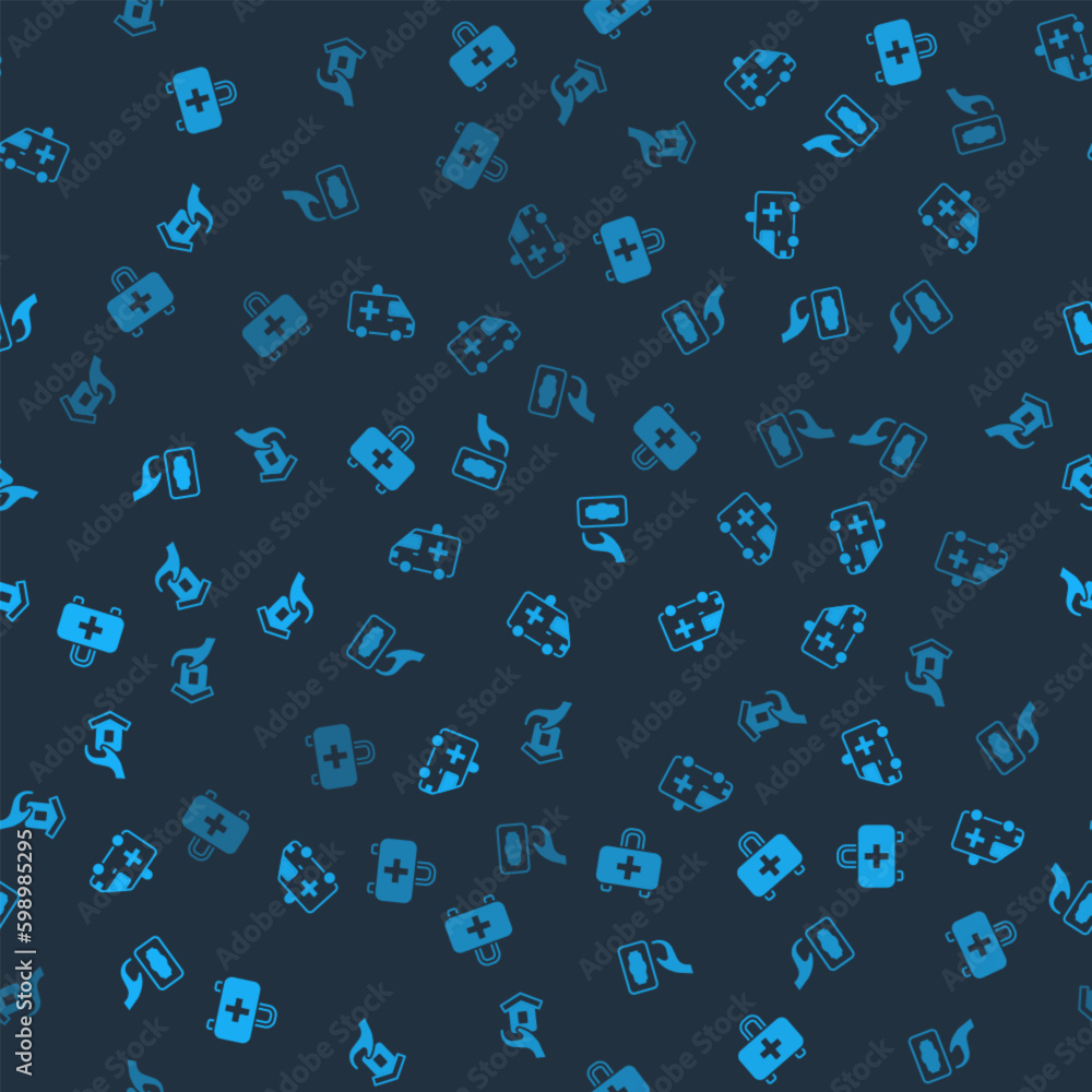 Set First aid kit, Ambulance car, Donation and charity and Shelter for homeless on seamless pattern. Vector Set First aid kit, Ambulance car, Donation and charity and Shelter for homeless on seamless pattern. Vector
