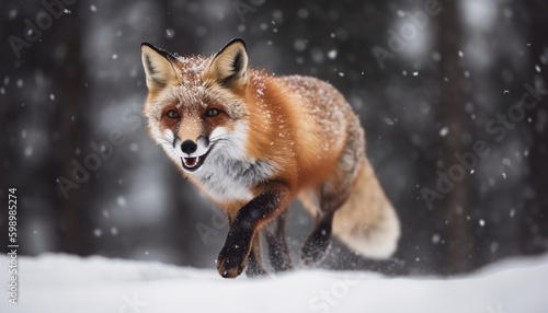 Red fox running in snow wet fur generated by AI