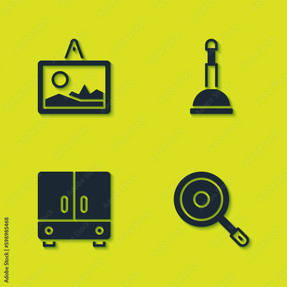 Set Picture, Frying pan, Wardrobe and Rubber plunger icon. Vector Set Picture, Frying pan, Wardrobe and Rubber plunger icon. Vector