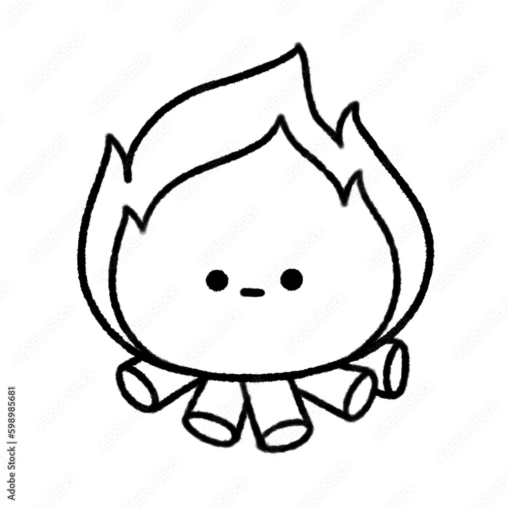 Hand-drawn Cute line campfire, object, Camping character design in doodle style with face Hand-drawn Cute line campfire, object, Camping character design in doodle style with face